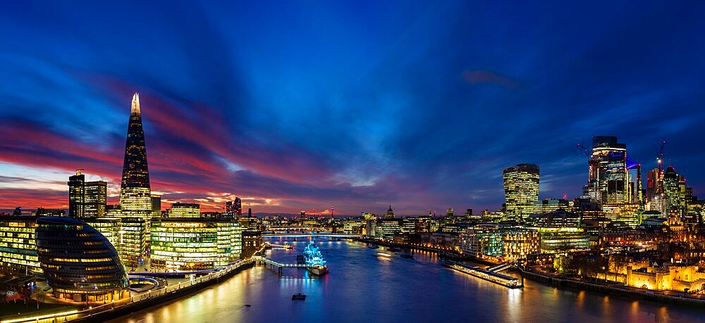 Panoramic view of River Thames, The Shard, City of London and London Bridge at sunset, London, England, United Kingdom, Europe