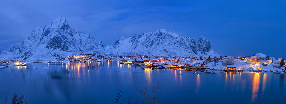 Panoramic of Reine fishing village at night in winter, Reinefjord, Moskenesoya, Lofoten, Arctic, Norway, Europe