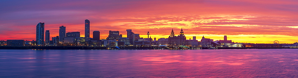 Panoramic view of The Liverpool waterfront with amazing sunrise, Liverpool, Merseyside, England, United Kingdom, Europe