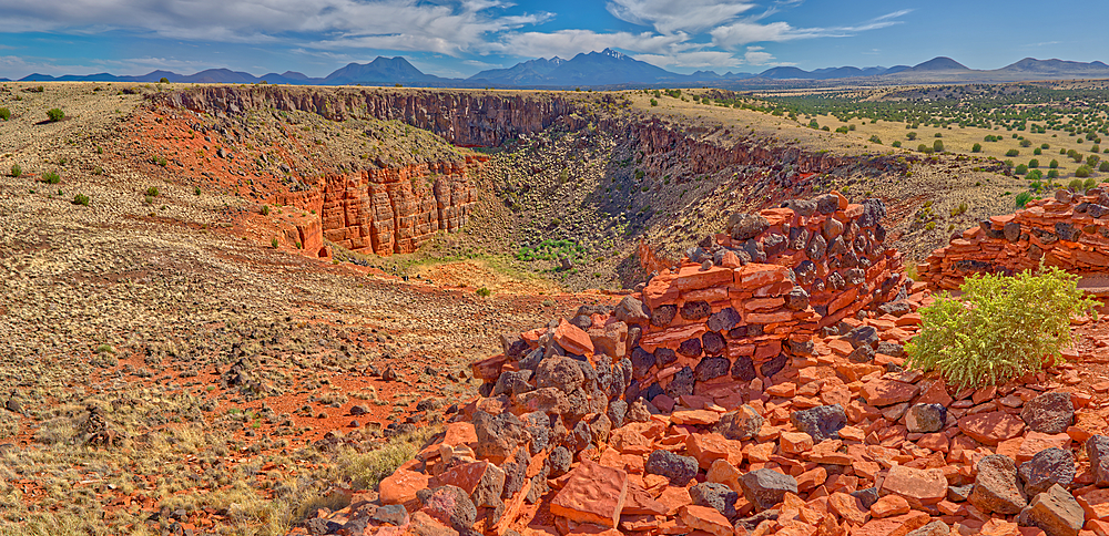 Panorama of the San Francisco Peaks north of Flagstaff, viewed from the Citadel Ruins in Wupatki National Monument, Arizona, United States of America, North America