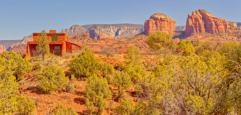 House of Apache Fires in Red Rock State Park with Cathedral Rock in the background, Sedona, Arizona, United States of America, North America