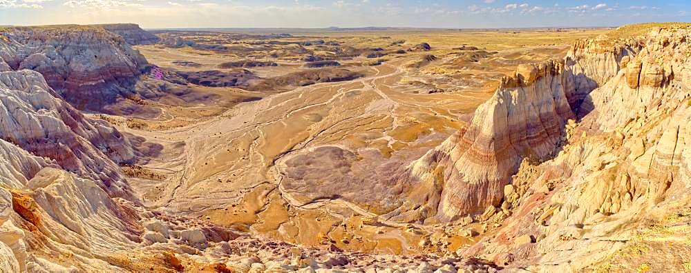 A sheer cliff of rock jutting out from the Blue Mesa along the Billings Gap Trail in Petrified Forest National Park, Arizona, United States of America, North America