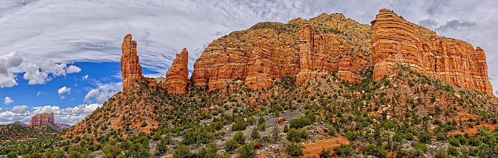 Panorama of Courthouse Butte, Rabbit Ears, and Lee Mountain in Sedona, composed of eight photos, Arizona, United States of America, North America