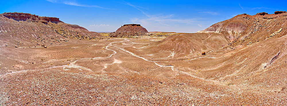 A dome shaped hill of purple bentonite with a rocky flat top in Petrified Forest National Park, Arizona, United States of America, North America