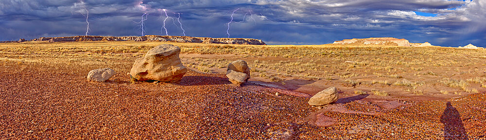 Large storm approaching Blue Mesa in Petrified Forest National Park, viewed from the Red Basin Trail, near Holbrook, Arizona, United States of America, North America