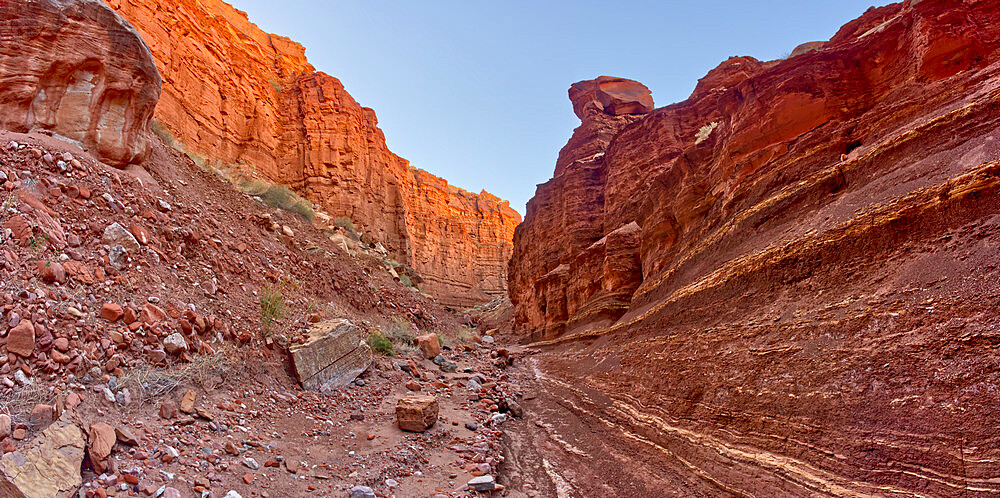 Upper Cathedral Wash in Glen Canyon Recreation Area with path leading to the Vermilion Cliffs, Arizona, United States of America, North America