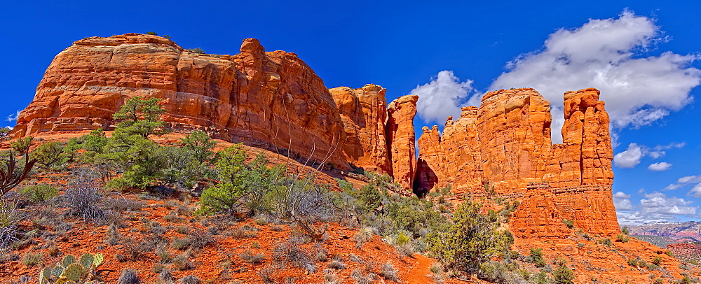 Close up panorama of Cathedral Rock in Sedona viewed from the secret trail that runs along the eastside of the rock, Sedona, Arizona, United States of America, North America