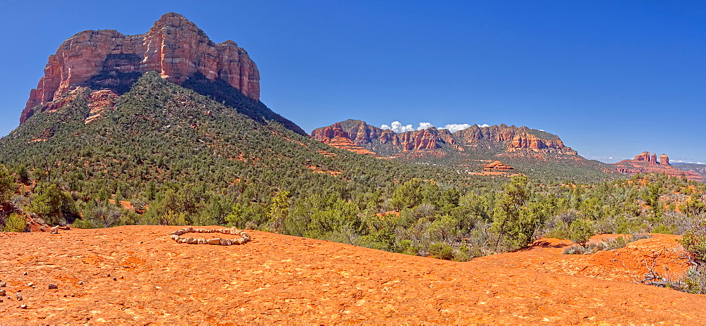 Panorama view of Courthouse Butte and Cathedral Rock from a sandstone terrace off of Llama Trail in Sedona, Arizona, United States of America, North America