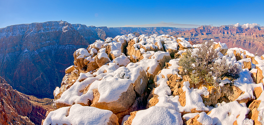 Frozen craggy cliffs along the Palisades of the Desert at Grand Canyon Arizona.