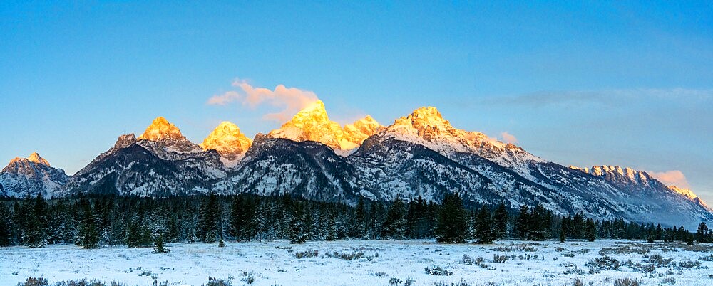 Panorama of Teton Range at first light, Grand Teton National Park, Wyoming, United States of America, North America