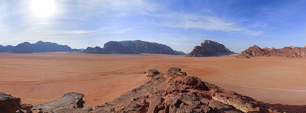 Wide panorama of the plain of Wadi Rum Desert, Jordan, Middle East