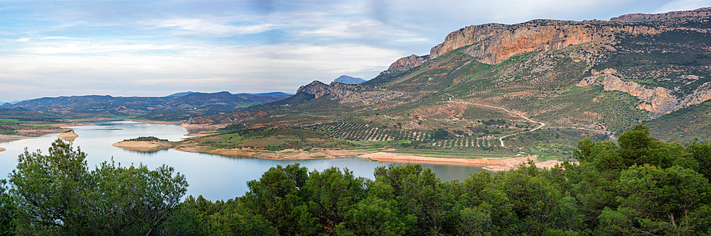 Panorama Landscape of Gobrantes and Guadalhorce water reservoir dam at sunset, Andalusia, Spain, Europe