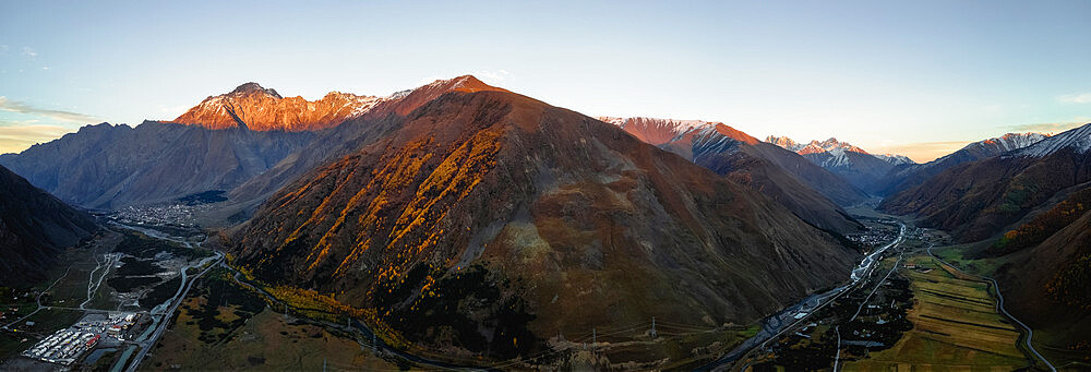 Aerial view of the mountains surrounding Stepantsminda, Kazbegi, Georgia (Sakartvelo), Central Asia, Asia