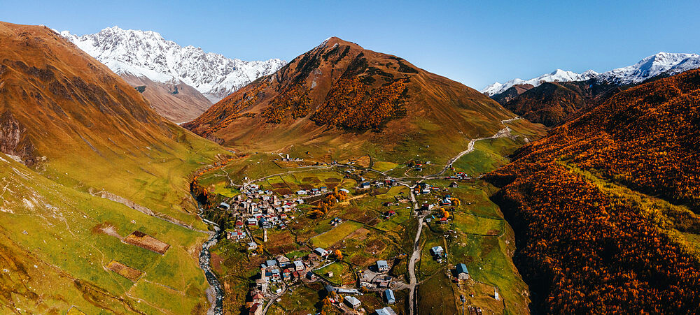 Landscape panoramic view of Ushguli, with Mount Shkhara in the background, Mestia, Samegrelo-Upper Svaneti, Georgia (Sakartvelo), Central Asia, Asia