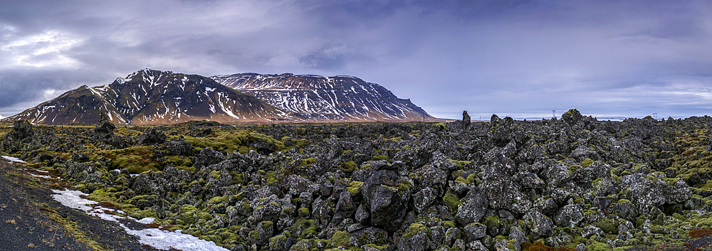 Wide Panoramic view of The Bjarnarhofn Lava Field, Snaefellsnes Peninsula, Iceland