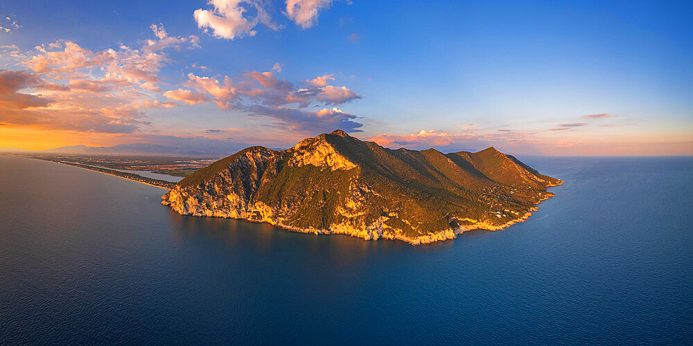 Aerial panoramic view of the Circeo massif at sunset, Circeo National Park, Latina province, Latium (Lazio), Italy, Europe