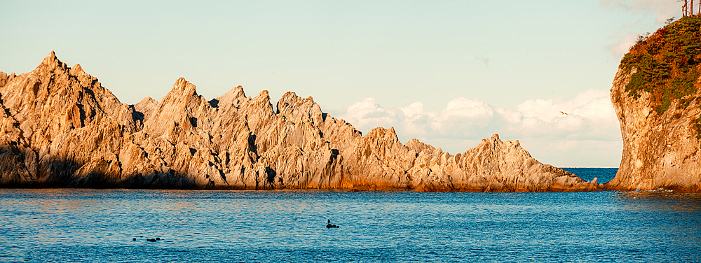 Sunset panoramic view of the white cliffs of Jodogahama, Miyako Bay, the sea of northern Honshu, Iwate prefecture, Japan, Asia