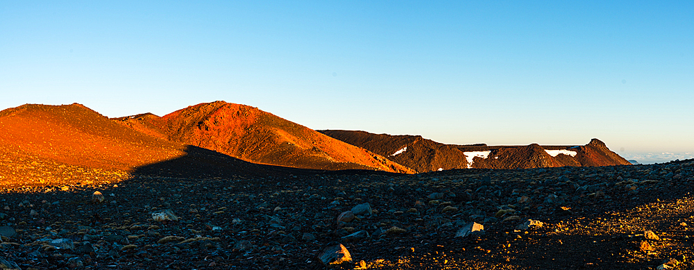 Panorama of the red sunrise on Red Crater Volcano and view of Mount Tongariro, North Island, New Zealand, Pacific