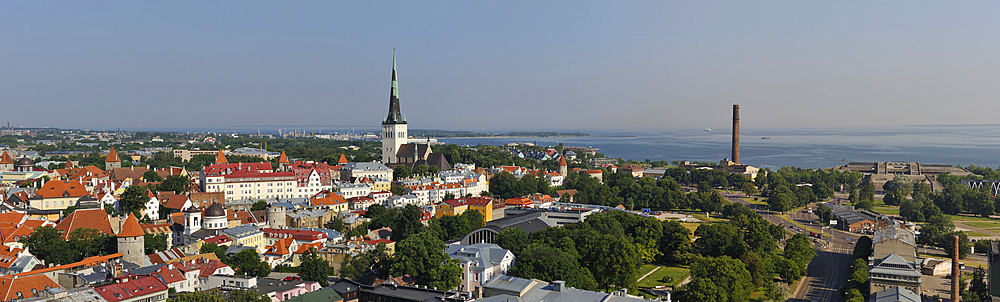 Aerial panoramic overview of Old Town Tallinn from Sokos Viru hotel, Old Town, UNESCO World Heritage Site, Tallinn, Estonia, Europe