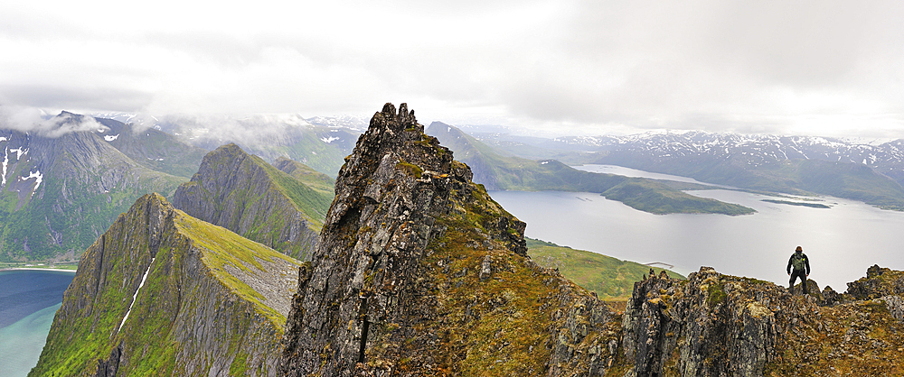 View over the fjords Steinfjorden and Ersfjorden from Husfjellet mountain, Senja island, County of Troms, Norway, Northern Europe