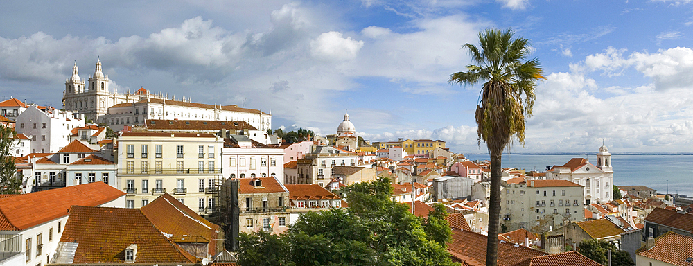 Overview with the Monastery of Sao Vicente de Fora from the belvedere Portas do Sol, Lisbon, Portugal, Europe