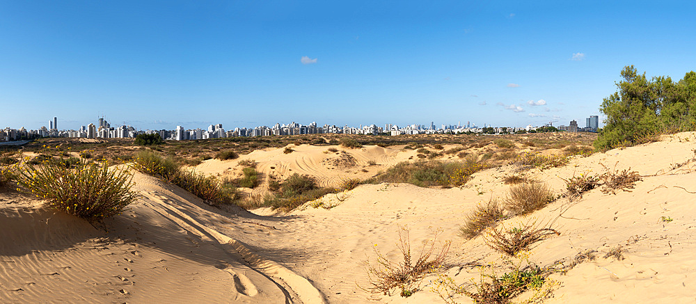 Panoramic view of sand desert in the town Rishon Lezion in Israel with buildings on the background