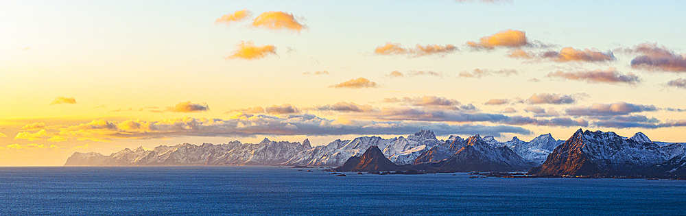 Vestvagoy Island at sunset seen from Henningsvaer, Lofoten Islands, Norway