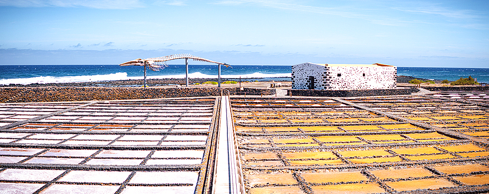 Panoramic aerial view of salt flats overlooking the ocean, Las Salinas Del Carmen, Fuerteventura, Canary Islands, Spain