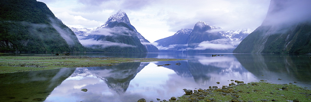 View across Milford Sound to Mitre Peak, 1629m, Milford Sound, Fiordland, South Island, New Zealand, Pacific