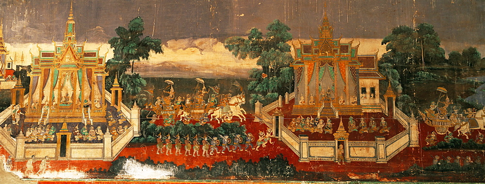 Mural of the Ramayana on wall of the Royal Palace, Phnom Penh, Cambodia, Southeast Asia, Asia