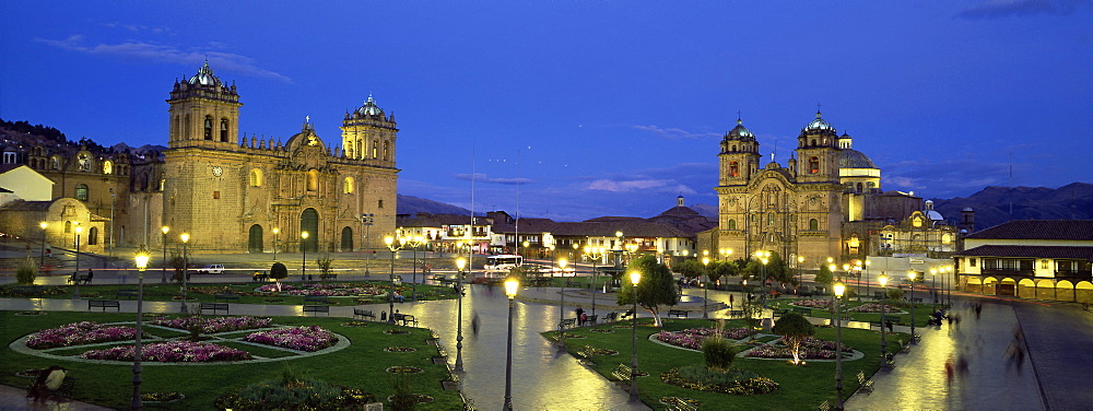 Christian cathedral and square at dusk, Cuzco (Cusco), UNESCO World Heritage Site, Peru, South America