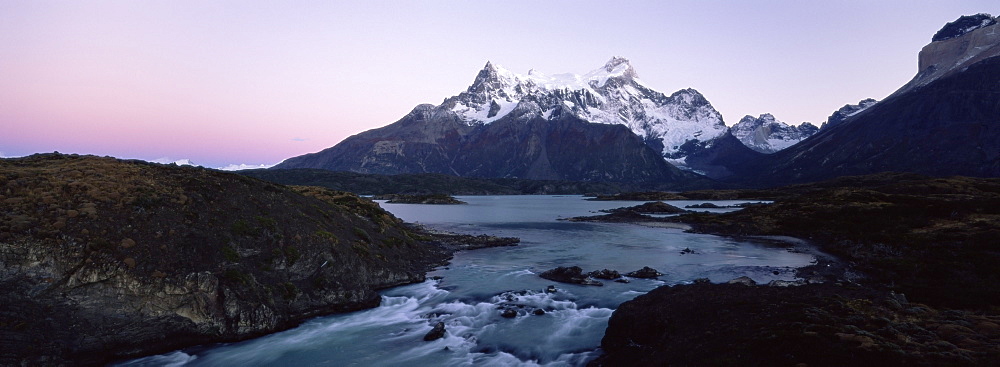 Cuernos del Paine rising up above Salto Grande, Torres del Paine National Park, Patagonia, Chile, South America