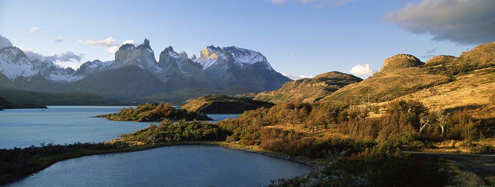 Cuernos del Paine rising up above Lago Pehoe, Torres del Paine National Park, Patagonia, Chile, South America