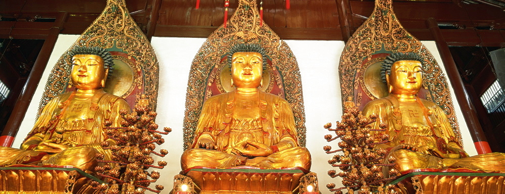 Medicine, Sakyamuni and Amithaba gold Buddha statues, Heavenly King Hall, Yufo Si, Jade Buddha Temple, Shanghai, China, Asia