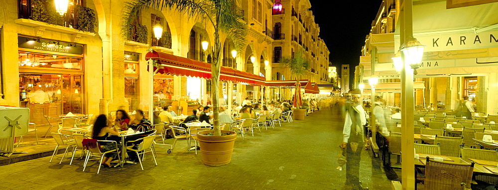 Outdoor restaurants at night in downtown area of Central District, Beirut, Lebanon, Middle East