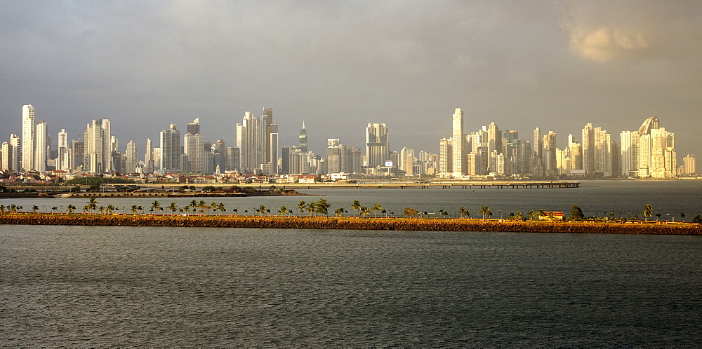 Panama City skyline at dusk, Panama, Central America