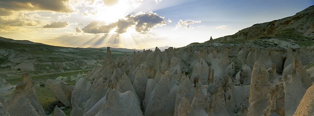 Panoramic view of tufa formations, Devrent Valley (Pink Valley), near Zelve, Cappadocia, Anatolia, Turkey, Asia Minor, Asia