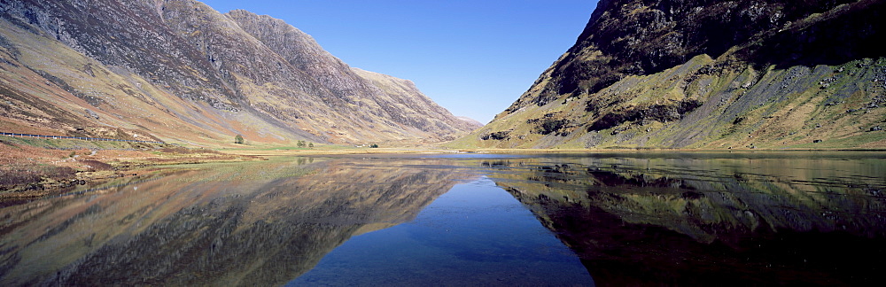 Flat calm on Loch Achtriochtan, Glencoe, Western Highlands, Scotland, United Kingdom, Europe