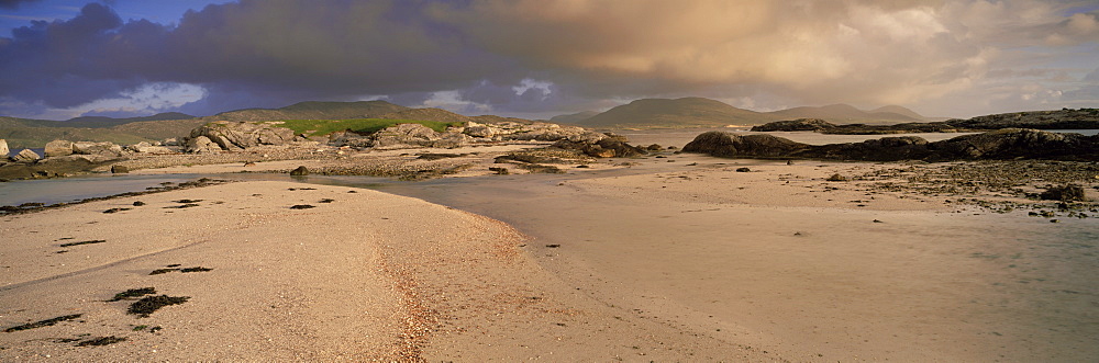 View over shell beach towards Isle of Harris, from Taransay, Outer Hebrides, Scotland, United Kingdom, Europe