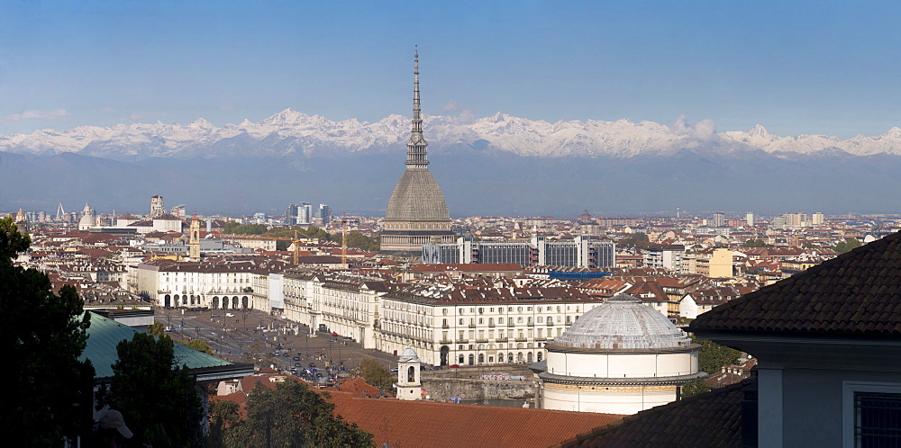 Panorama of Mole Antonelliana and Gran Madre di Dio church, Turin, Piedmont, Italy, Europe