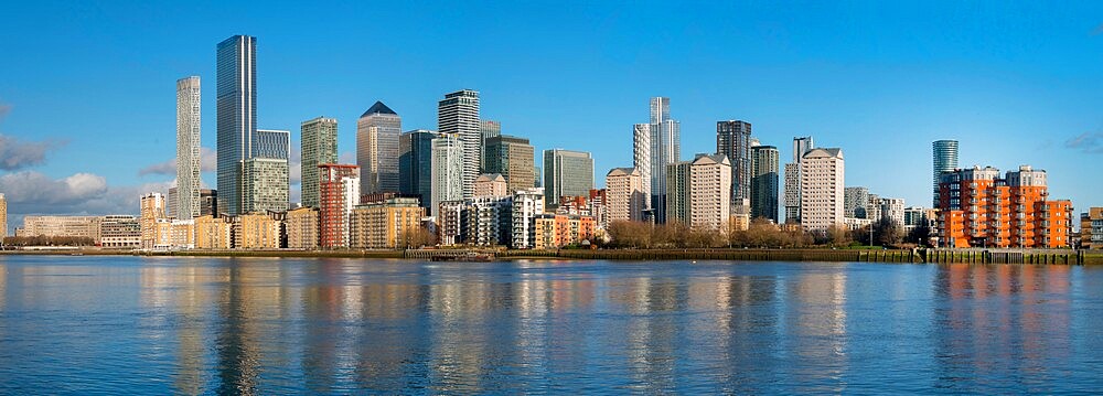 Canary Wharf cityscape panorama, Docklands, London, England, United Kingdom, Europe