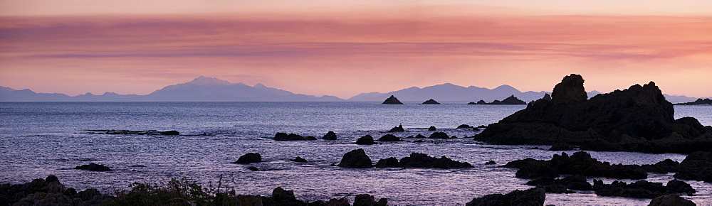 View of Kaikoura Ranges from Wellington at sunset in New Zealand, Oceania