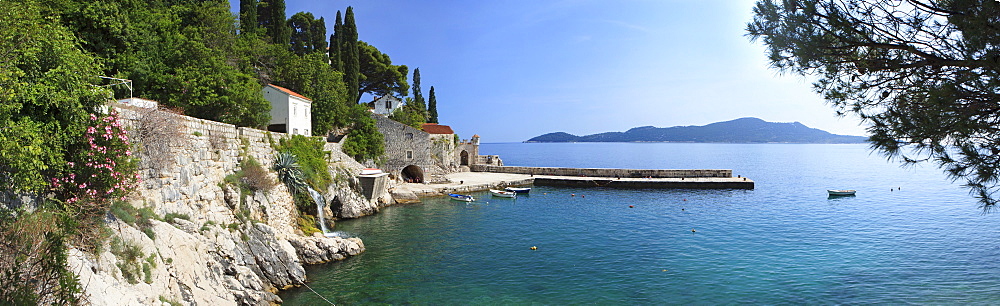 Panorama of rocky coast and harbour, Trsteno, Dubrovnik, Croatia, Europe 