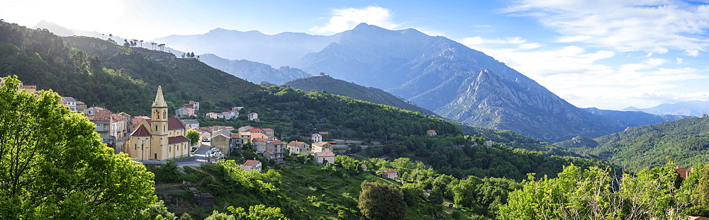 Panorama of village and mountains near Corte, Corsica, France, Europe