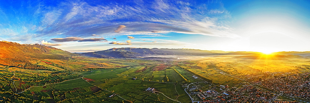 Aerial view by drone of Bansko and Rila mountains, Bankso, Bulgaria, Europe