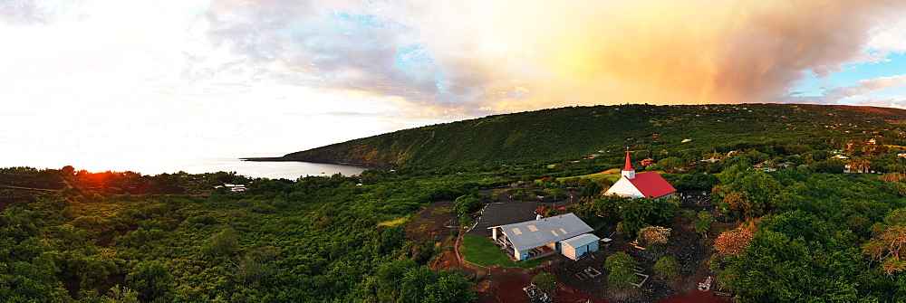 Aerial view of Kahikolu Congregation Church, Kealakekua Bay, Big Island, Hawaii, United States of America, North America