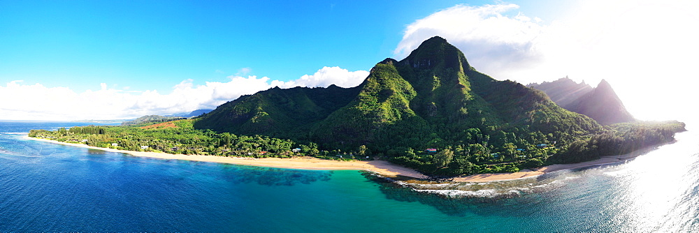 Aerial view by drone of Tunnels Beach, Haena State Park, Kauai Island, Hawaii, United States of America, North America