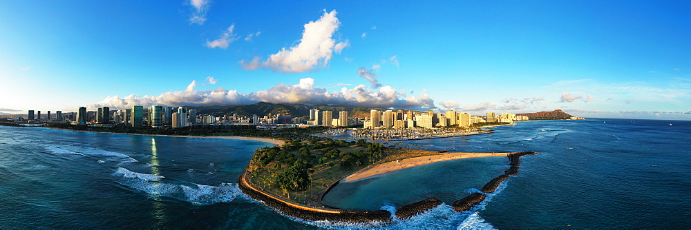 Aerial view by drone of Diamond Head, Waikiki, Honolulu, Oahu Island, Hawaii, United States of America, North America