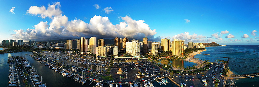 Aerial view by drone of Waikiki, Honolulu, Oahu Island, Hawaii, United States of America, North America