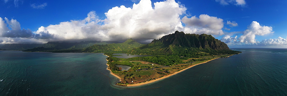 Aerial view by drone of Kaneohe Bay, Oahu Island, Hawaii, United States of America, North America